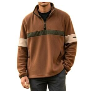 Bugle Boy Fleece 1/4 Zip Pullover Mens L Rust Brown Color‎ Block Pockets NEW NWT